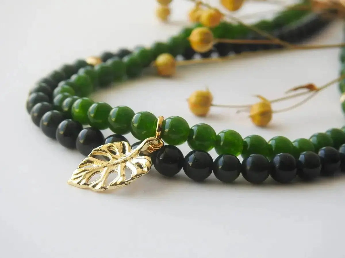 Jade Tropic – Green Jade Jewelry with Gold Monstera Leaf Pendant view 2